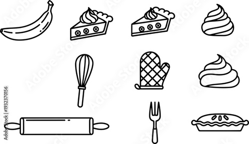 National Banana Cream Pie Day baking icons in clean line art