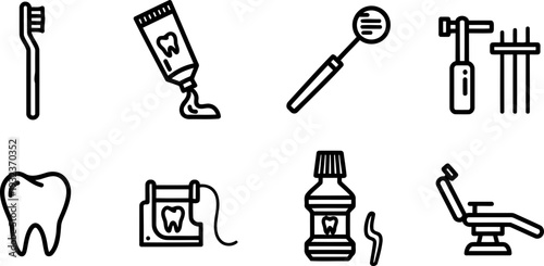 Dentists Day icon set with dental hygiene and clinic equipment