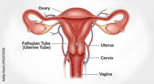 Female Reproductive System Anatomy Diagram (Labeled Uterus, Ovaries, Fallopian Tubes, Cervix, and Vagina)