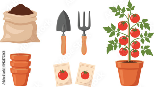 Home Gardening Illustration Set with Tomato Plant in Pot, Garden Soil Bag, Seed Packets, Trowel, and Fork for Horticulture Design