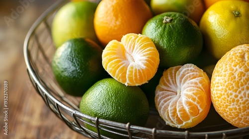 Citrus fruits mandarins limes and lemons in wire basket