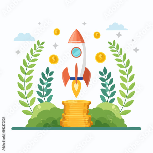Vector business icon of a rocket launching from a stack of gold coins surrounded by lush greenery and coins in air isolated on a background
