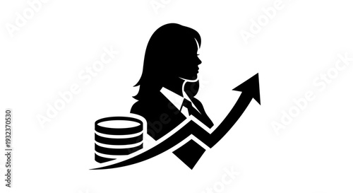 Businesswoman on Phone with Coins and Upward Trend Arrow