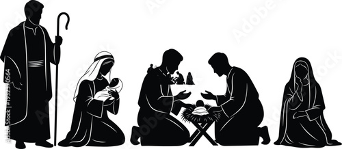 Black and white nativity scene silhouette illustration depicting Holy Family, baby Jesus, Mary, Joseph, shepherd, and wise men worship