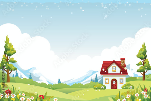 Cartoon house in a green landscape with flowers and mountains bright blue sky with clouds