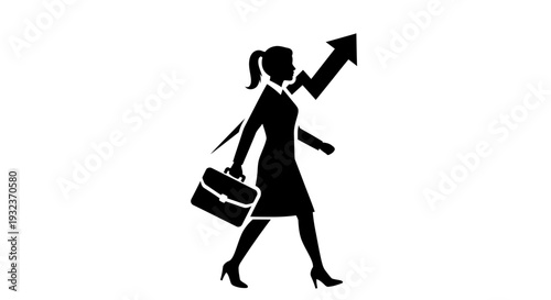 Businesswoman Walking with Briefcase and Arrow Symbolizing Career Advancement and Growth
