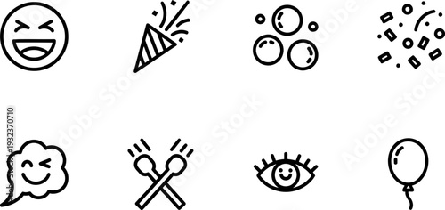 International Mirth Month celebration icons in simple black and white vector style