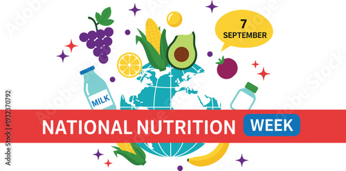 National Nutrition Week Illustration with Globe, Milk Bottle, Fresh Fruits, Vegetables, and Healthy Food Icons for Global Wellness