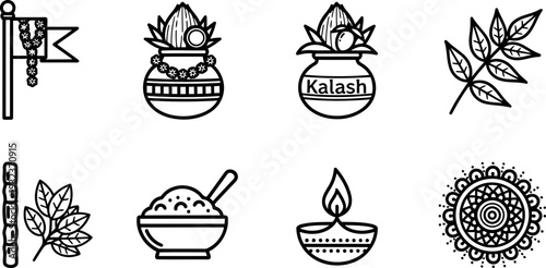 Gudi Padwa festival icons, Indian new year celebration line art