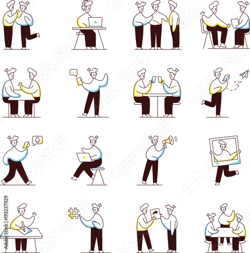 Collection of Social Interaction Doodle Style Illustrations 