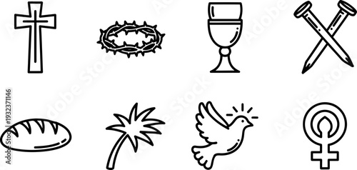 Passion Week religious icons set in black and white outline illustration