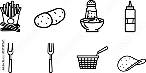 National Chip Week icon set featuring French fries, potatoes, and condiments