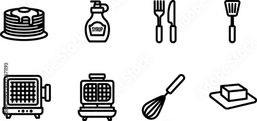 National Pancake Week icon collection: pancakes, syrup, utensils, and kitchen gadgets