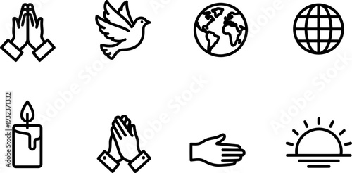 World Day of Prayer icons: prayer hands, dove, globe, book, candle