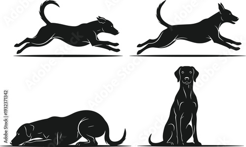 Black dog silhouette set featuring running, jumping, sitting and sniffing poses isolated on white background vector illustration