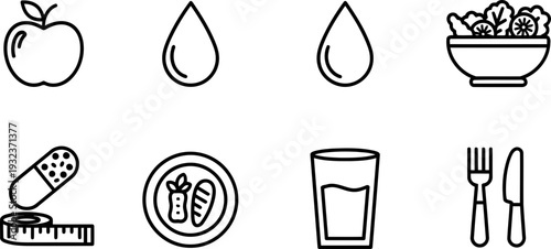 Nutrition and Hydration Week icons: healthy food, water drops, and wellness