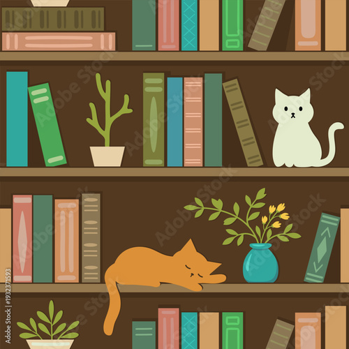 Seamless bookshelf pattern with cats, books and plants