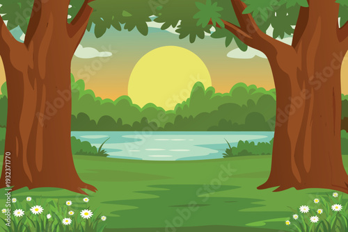 Cartoon Trees River Sunset Landscape Nature Outdoors Scenic View Stock