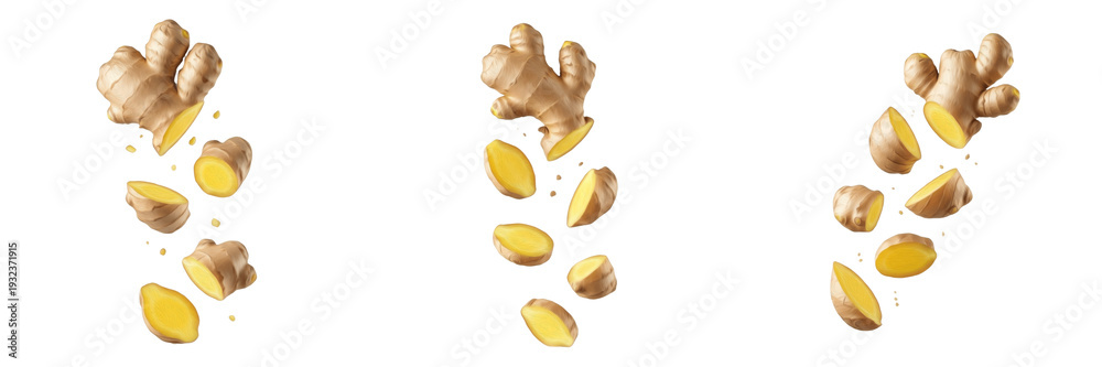 Ταπετσαρία Fresh Sliced and Whole Ginger Root Falling in Motion Isolated on White Backgroun