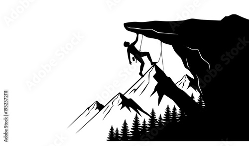 Man climbing rock overhang silhouette with mountain and forest scenery minimalist 3D illustration isolated on white background