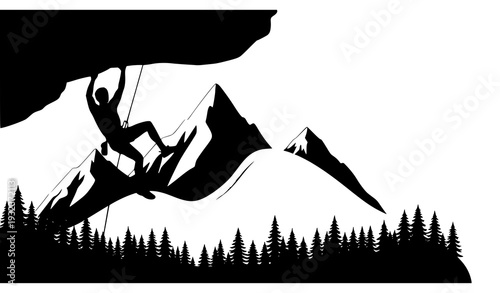 Extreme rock climbing silhouette above mountains and forest landscape 3D vector illustration isolated on white background