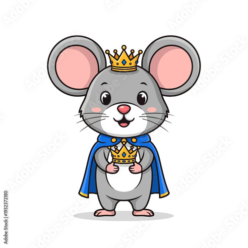 A cute cartoon mouse king wearing a blue cape and holding a crown, standing proudly with a regal expression.