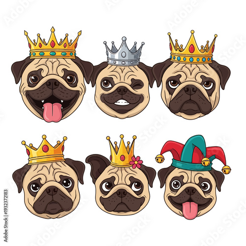 A charming collection of six cartoon pug faces, each adorned with a unique crown or jester's hat, expressing a variety of playful emotions.