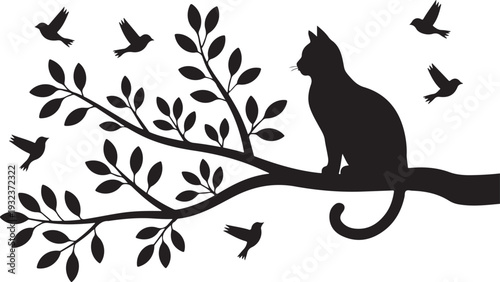 Cat on a tree with birds, vector