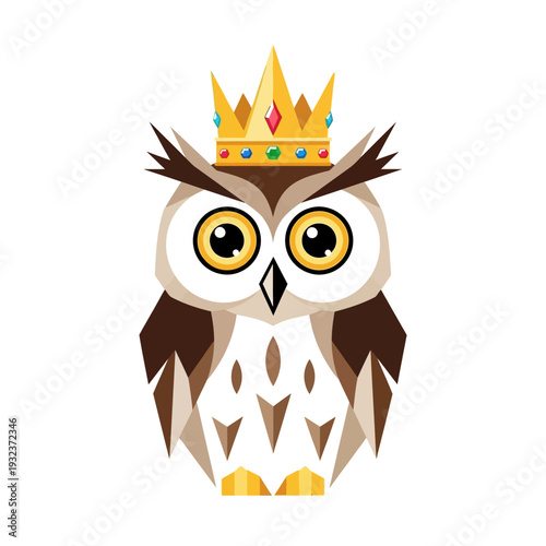 A charming cartoon owl wearing a golden crown adorned with colorful jewels, symbolizing royalty and wisdom.