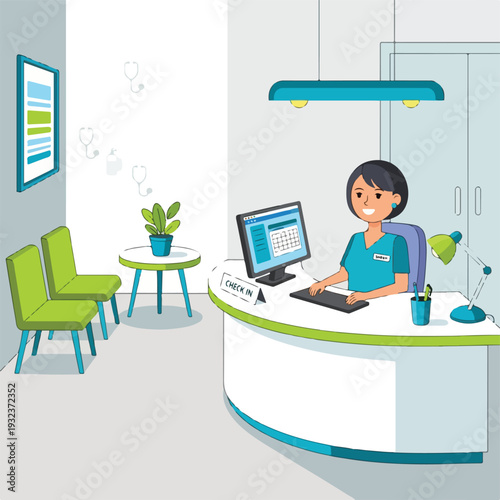 A medical office reception area with staff, chairs, computer, and check-in signage