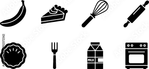National Banana Cream Pie Day baking icons set, vector illustration