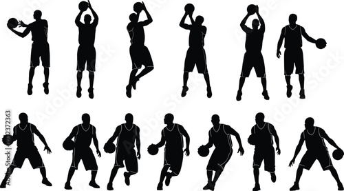 Black silhouette vector illustration of twelve basketball players in diverse action poses, dribbling, shooting, dunking, passing, sports artwork for design projects