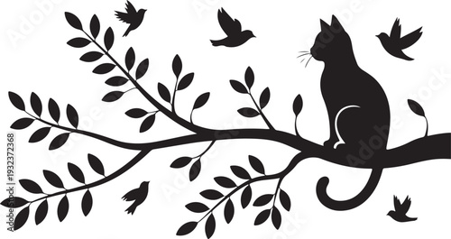 Cat on a tree with birds, vector