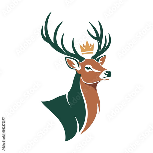 Majestic stag with impressive antlers crowned with a golden crown, symbolizing royalty and nature's grandeur.
