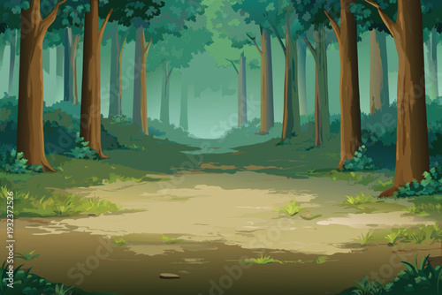 Forest Path Leading Through Tall Trees with Misty Background Sunlight Dappling on Ground Stock Illustration