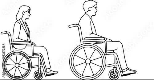 People in wheelchair illustration, disabled man and woman side view, accessibility and mobility support concept, line art vector