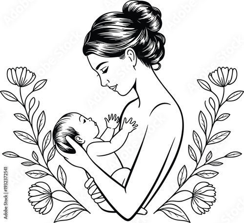 Mother embracing newborn baby illustration, maternal love and care portrait, motherhood line art with floral frame design