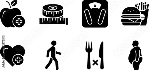 World Obesity Day health icons collection with healthy food and weight loss