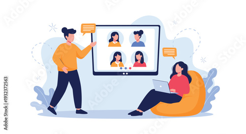 Woman presenting to a colleague sitting in a beanbag chair during a video conference call with four remote participants.