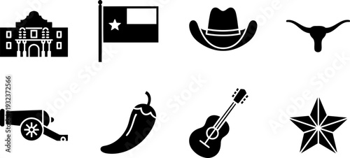 Alamo Day Texas icons collection with state symbols and cultural elements