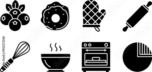National Blueberry Popover Day baking ingredients and tools icons