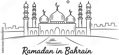Ramadan in Bahrain banner, mosque skyline line art, crescent moon and lanterns, Islamic Eid Mubarak greeting background vector