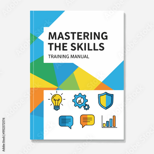 A manual cover with text and icons, geometric shapes, light background