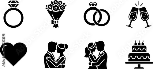 National Proposal Day icons set: wedding symbols and romantic couple silhouettes
