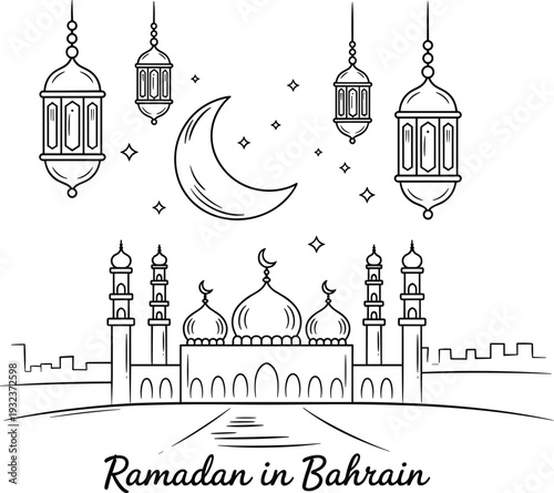 Ramadan in Bahrain illustration, crescent moon and mosque skyline, hanging lanterns Islamic Eid Mubarak greeting background vector