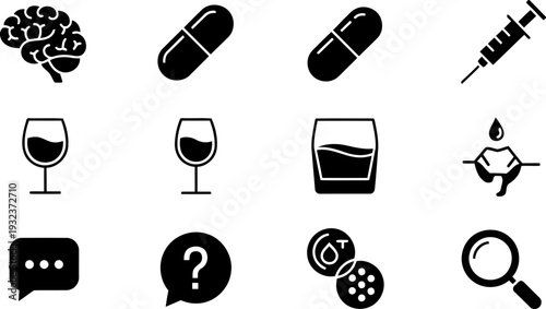 National Drug and Alcohol Facts Week icons in black and white vector