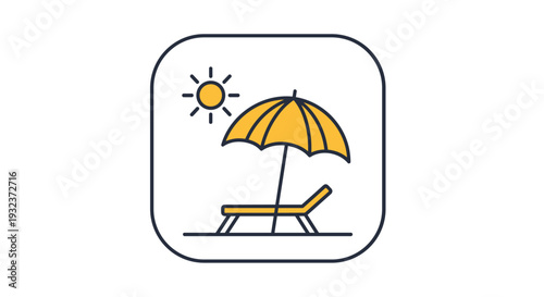 Simple line art icon of a beach lounge chair and a sun parasol under a bright yellow sun inside a rounded square frame.