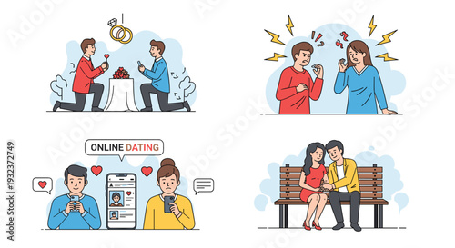 Four illustrations depicting online dating, a marriage proposal, an argument, and a romantic couple on a bench.