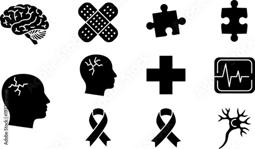 Brain Injury Awareness Month icons set for health and medical themes