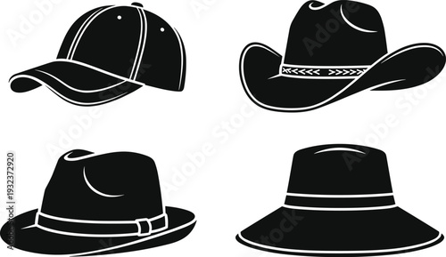 Black Silhouette Hat Collection Vector Illustration Featuring Baseball Cap, Cowboy Hat, Fedora and Bucket Hat Isolated on Background